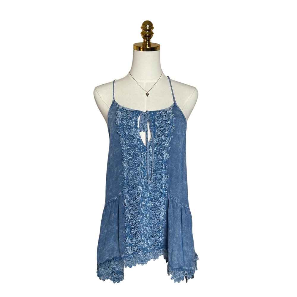 Altar'd State Blue‎ Acid Wash Lace Crochet Boho Cami Tank Top Womens Medium